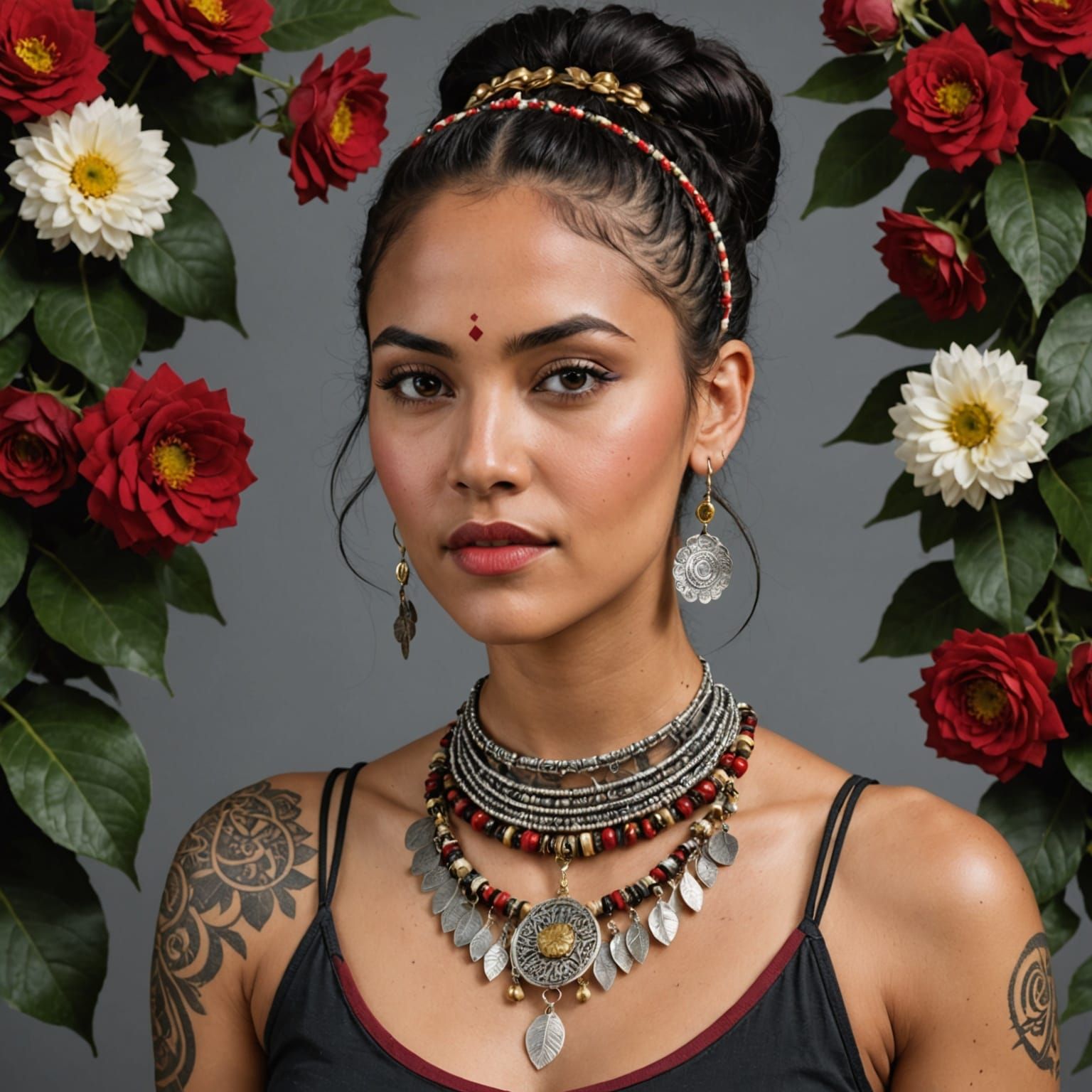 Woman with Tattoos and Tribal Jewelry, Photorealistic