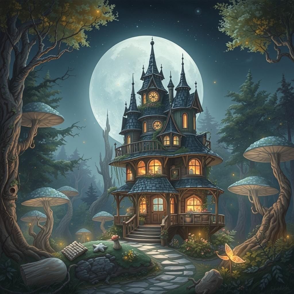 Enchanted Cottage in Mystical Woods Illustration