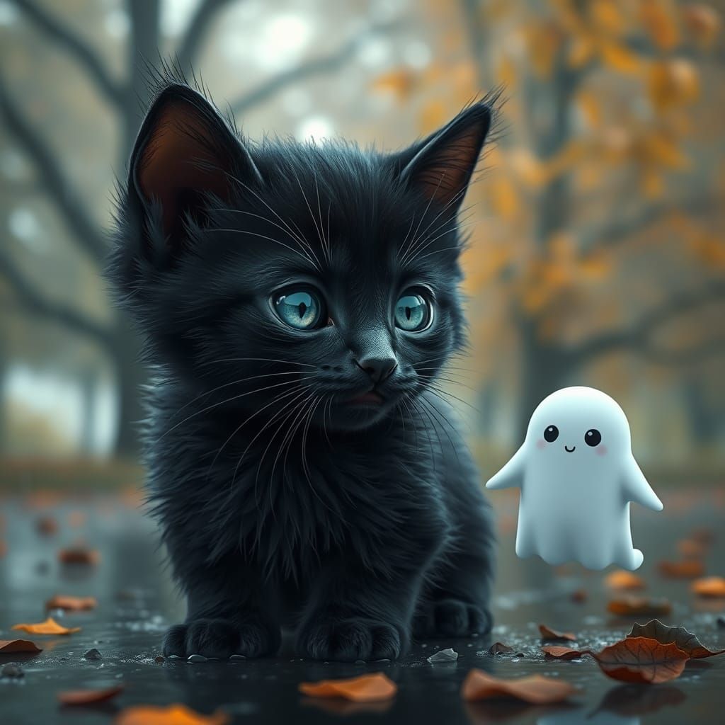 Black Kitten and Ghost in Autumn Fantasy Art