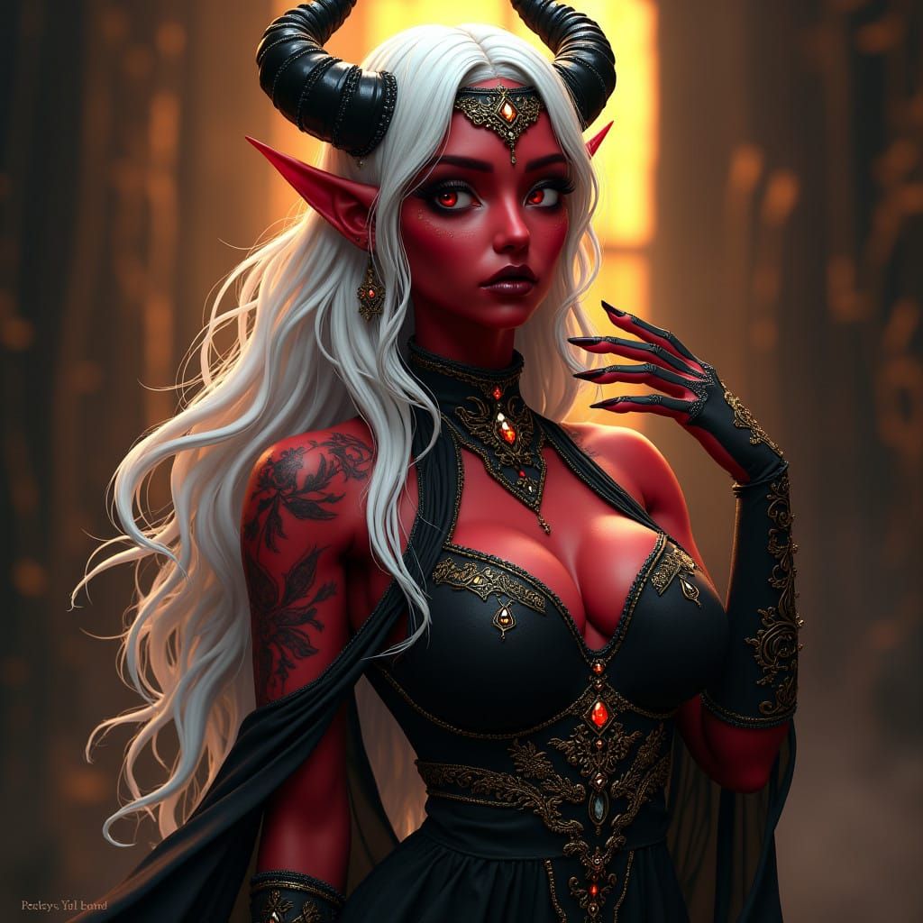 Dark Fantasy Tiefling Goddess in Black Dress and Gold Jewelr...