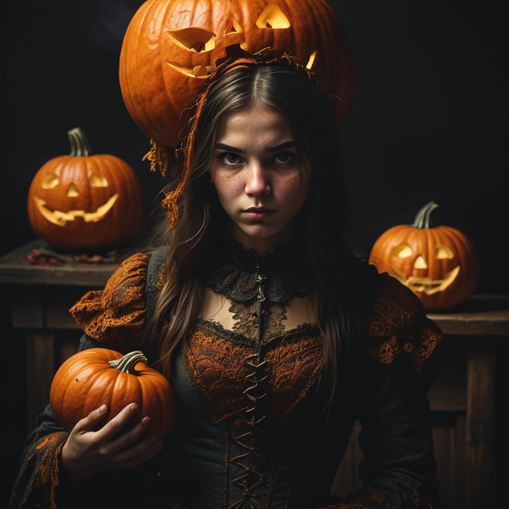Hyperrealistic Portrait of Woman with Pumpkin
