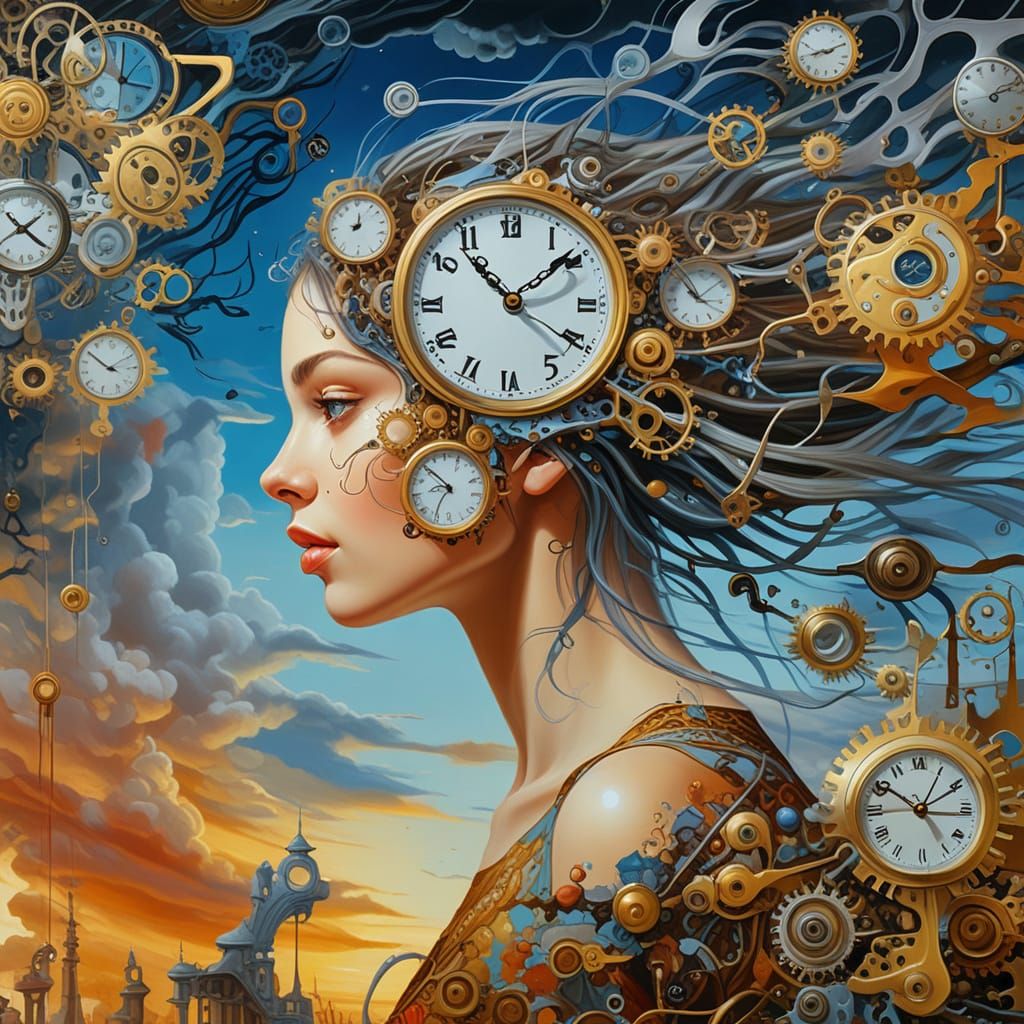 Surreal Woman with Clockwork Brain, Oil Painting