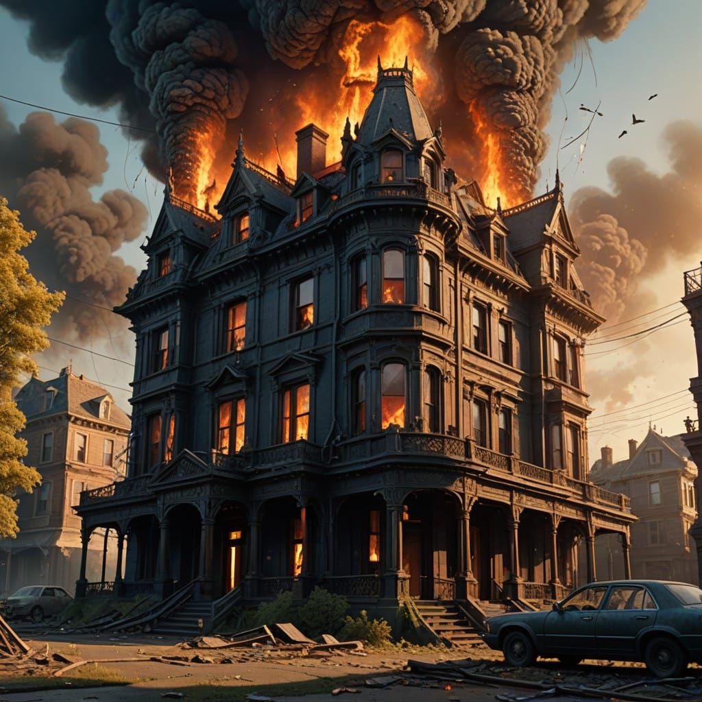 Burning Victorian Mansion in Hyper-Realistic Concept Art Sty...