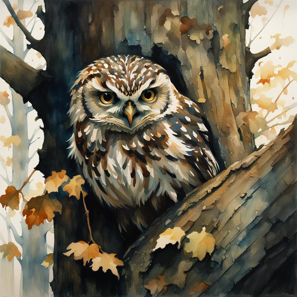 Watercolor Owl Hiding Under Tree Trunk