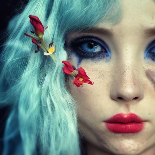 Surreal Portrait: Woman with Blue Hair and Flowers