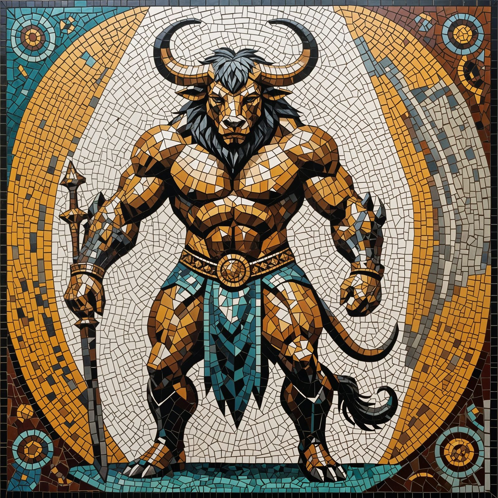 Vibrant Minotaur Mosaic in Abstract Art