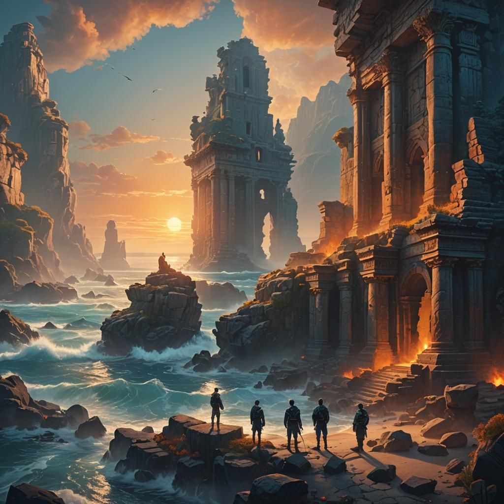 Mystical Ocean Scene with Sailors in Golden Light