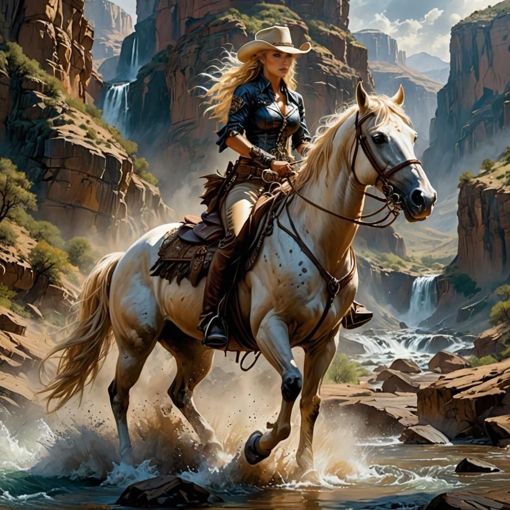 Cowgirl Races Through Canyon Stream: Royo-Inspired Painting