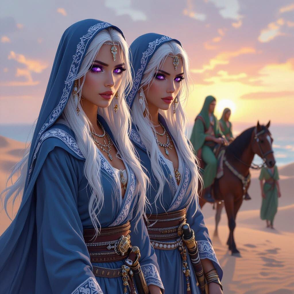 Women Warriors Ride Horses Through Desert at Sunrise