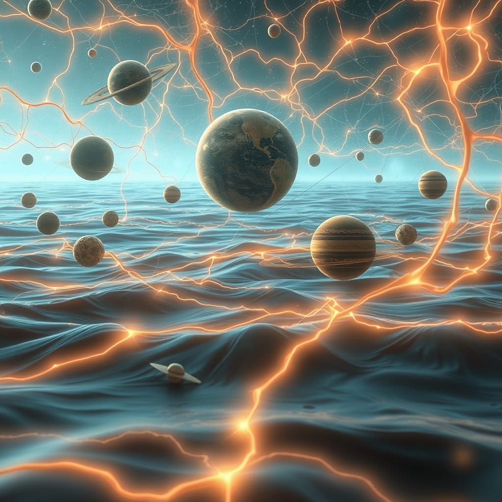 Surreal Cosmic Scene with Drifting Planets and Glowing Vesse...