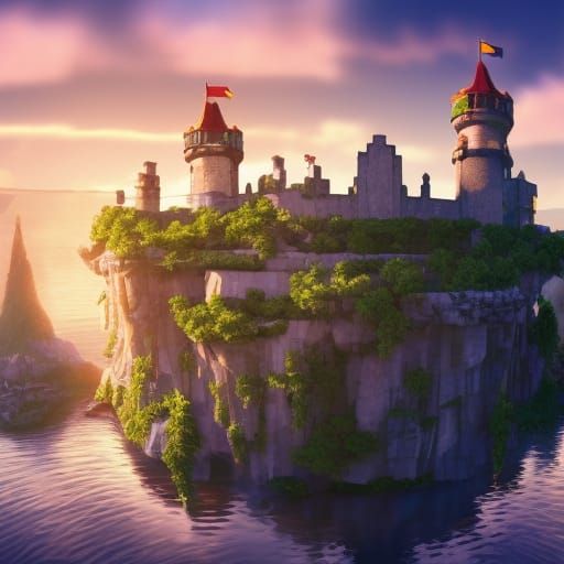 Floating Island Castle in Golden Hour Photorealism