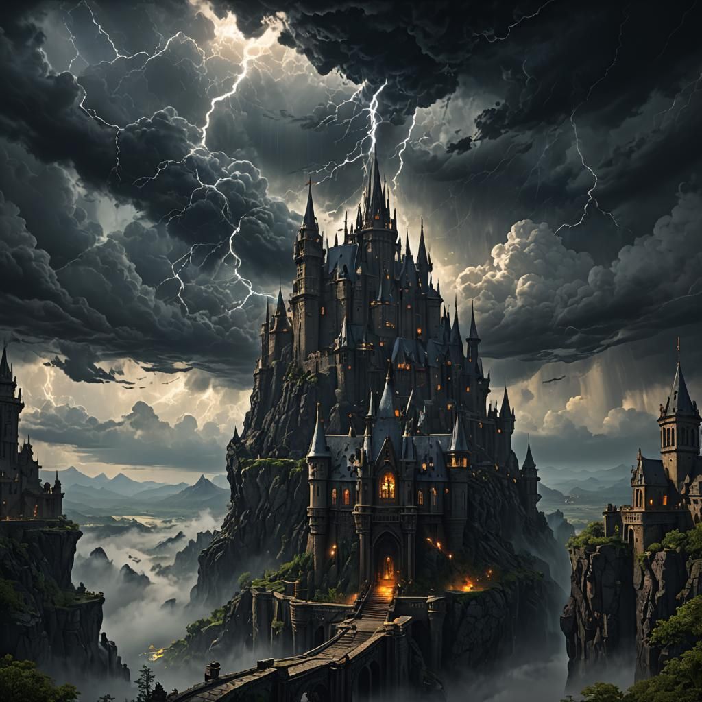 Ominous Dark Castle in Sky with Lightning