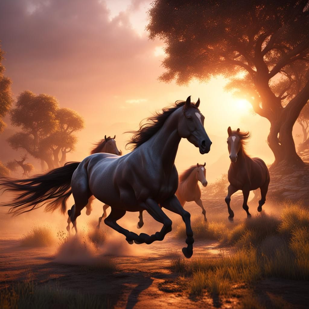 Horses Galloping in a Sunrise Landscape
