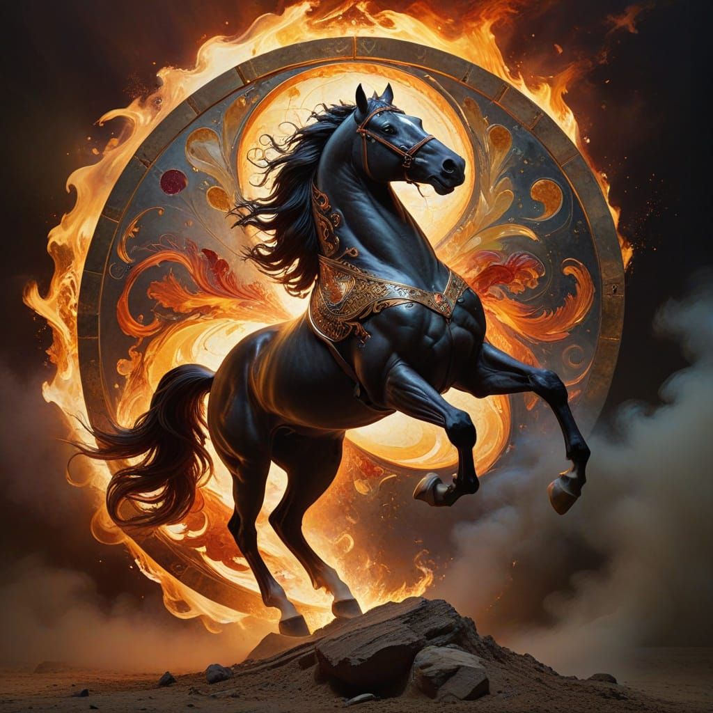 Majestic Knight's Horse Leaps in Regal Attire with Golden Sh...