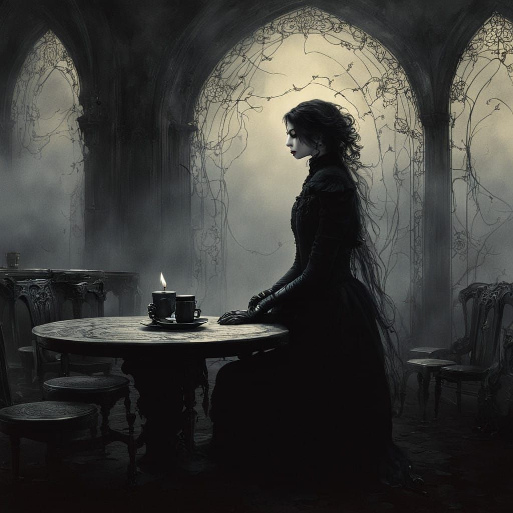 Gothic Fashion Model in Smoky Coffee Shop Amidst Dark, Gritt...