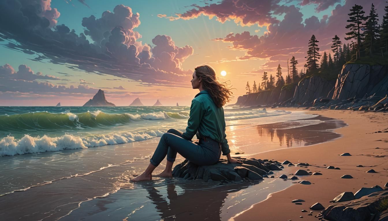 Wave Approaches Woman: Digital Matte Painting