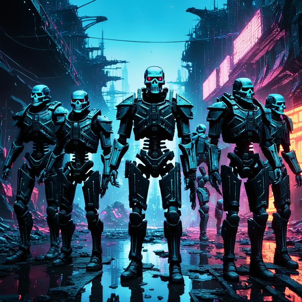 Cyberpunk Gothic Army Marches Through Ruined City
