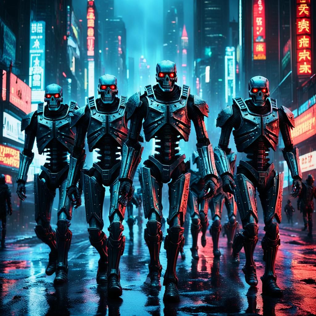 Cyberpunk Skeletal Army Marching Through Dystopian City