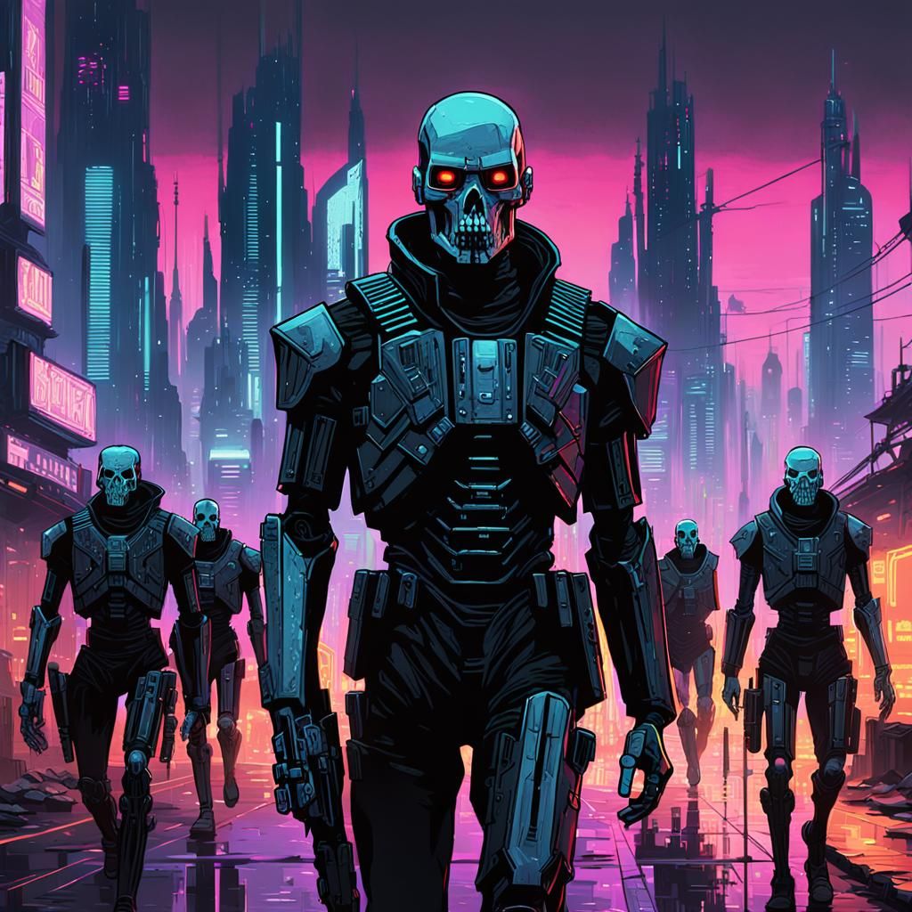 Cyberpunk Gothic Army Marches Through Ruined City