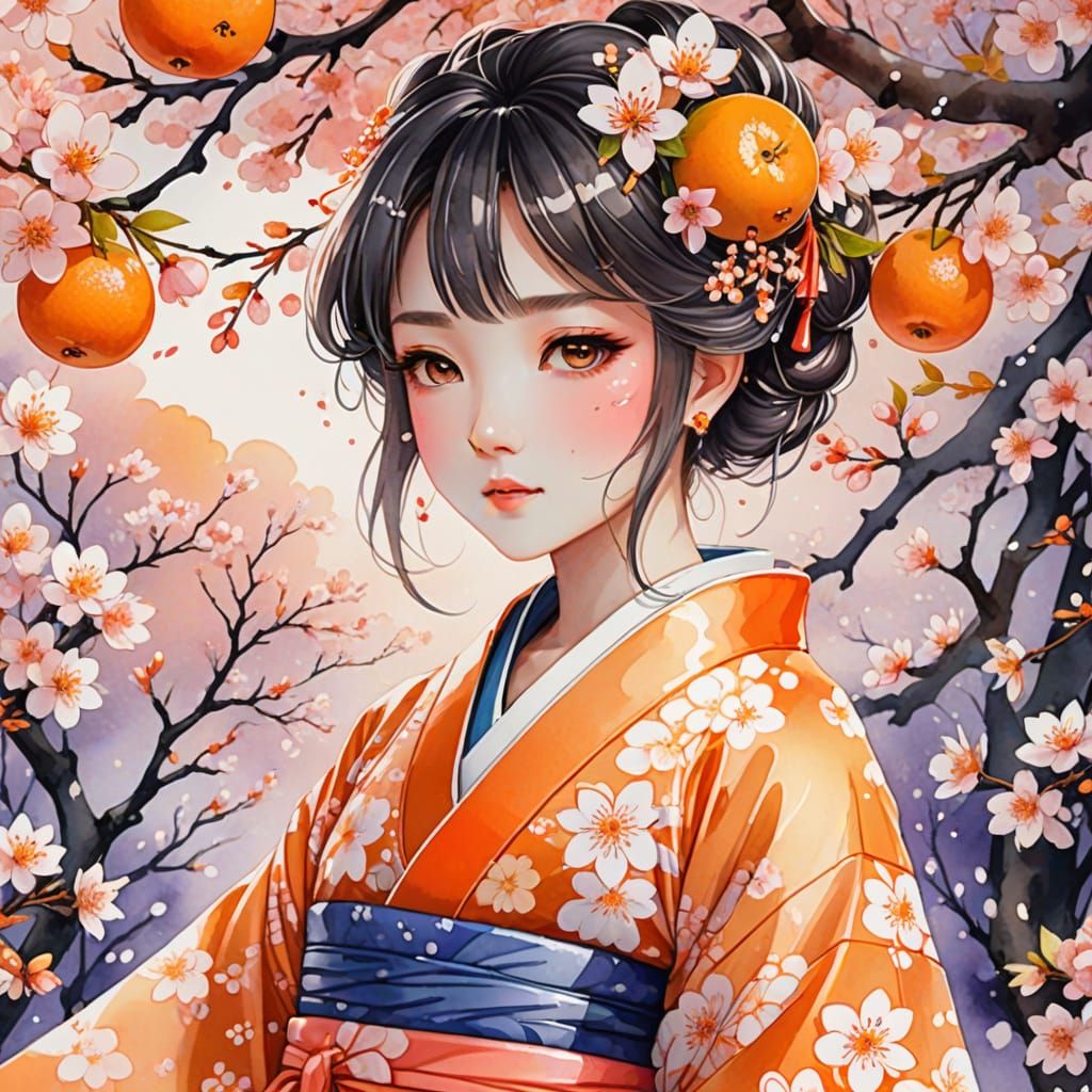 Whimsical Anime Princess in Japanese Kimono