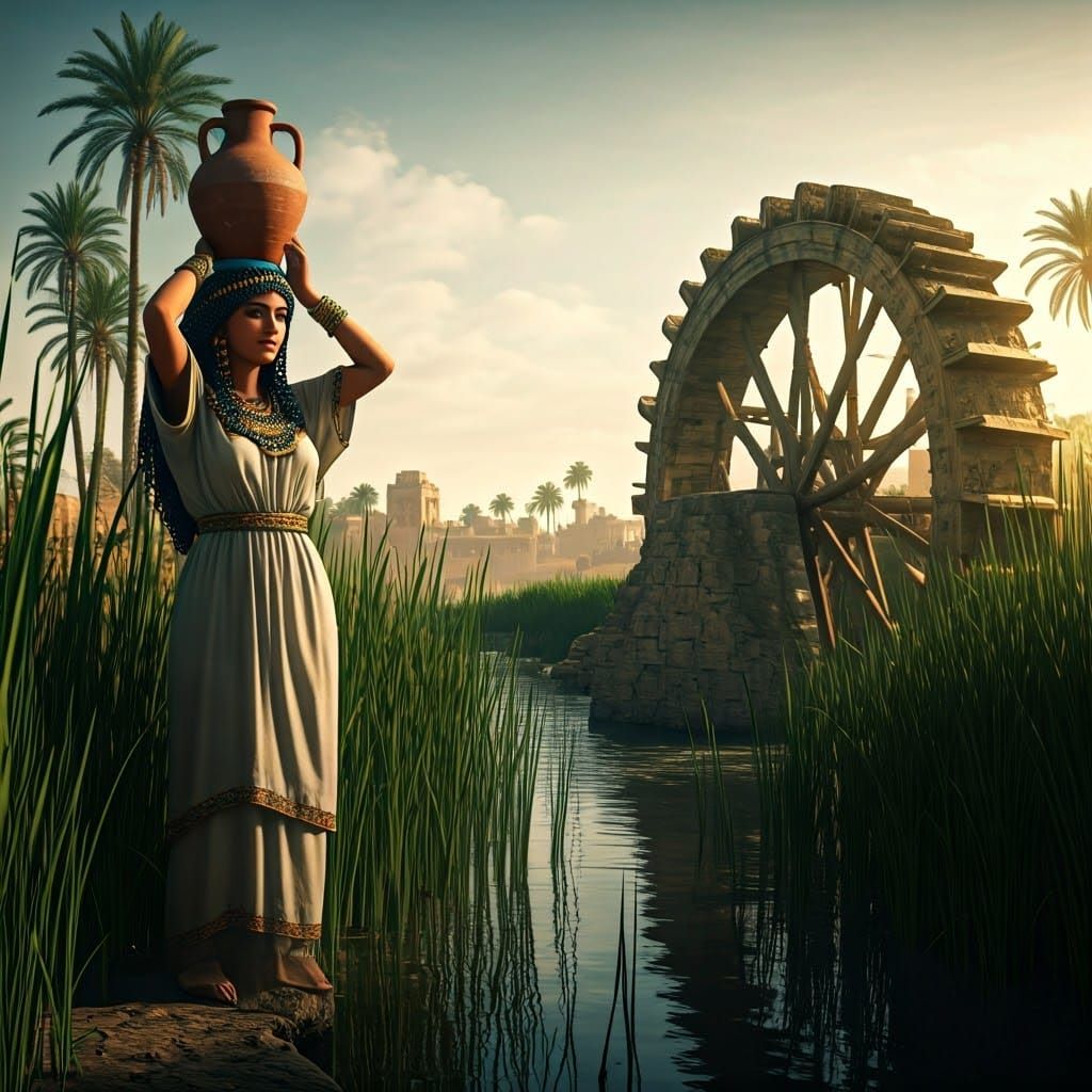 Ancient Oriental Woman in Serene Babylonian Landscape
