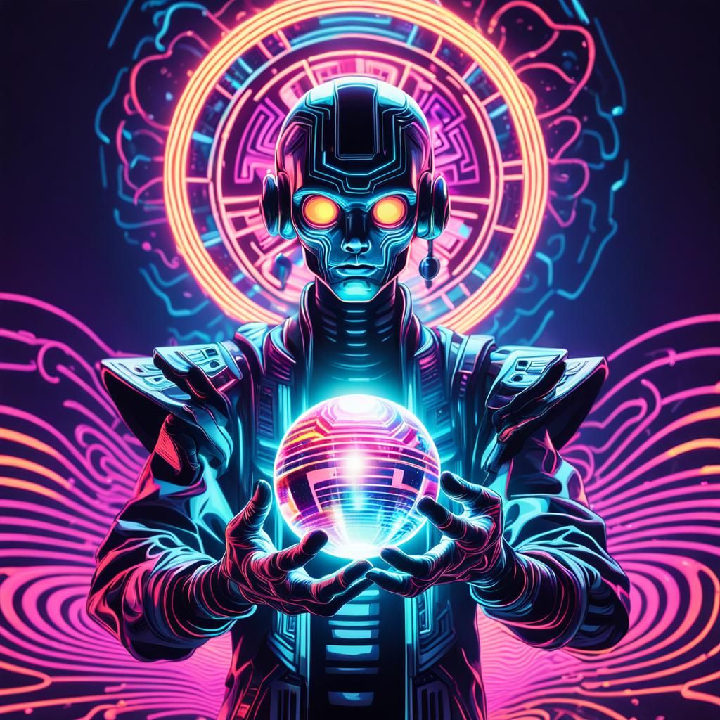 Humanoid with Shining Sphere in Synthwave Neon