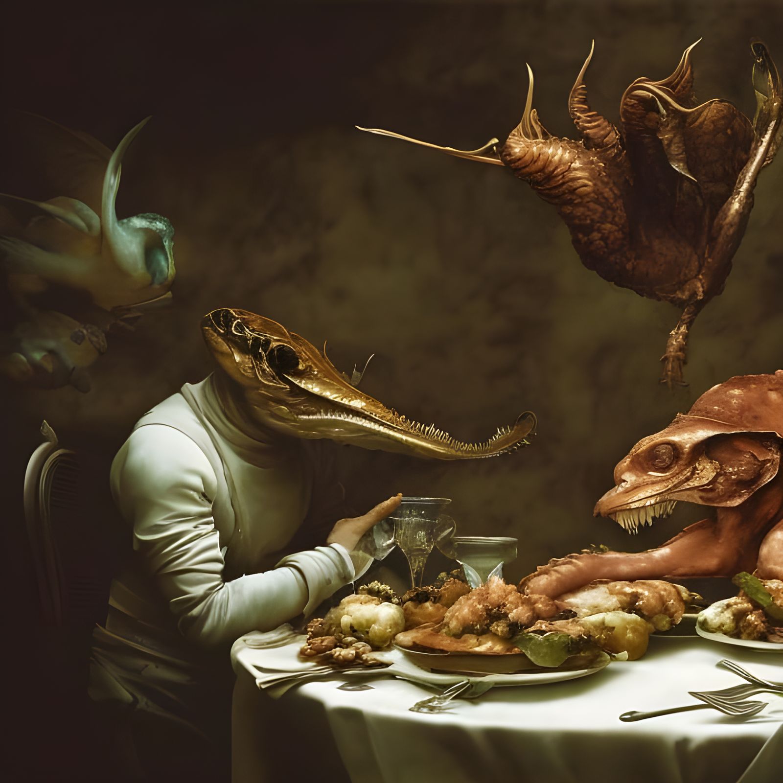 Hyperrealistic Waiter with Fresh Catch, Detailed Painting