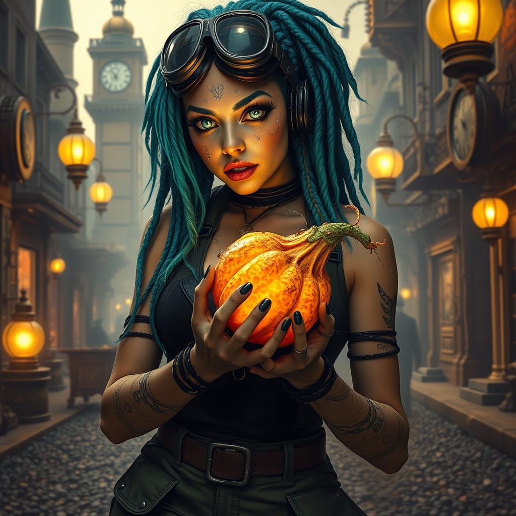 Retro-Futuristic Warrior in Gritty Cityscape with Glowing Mu...