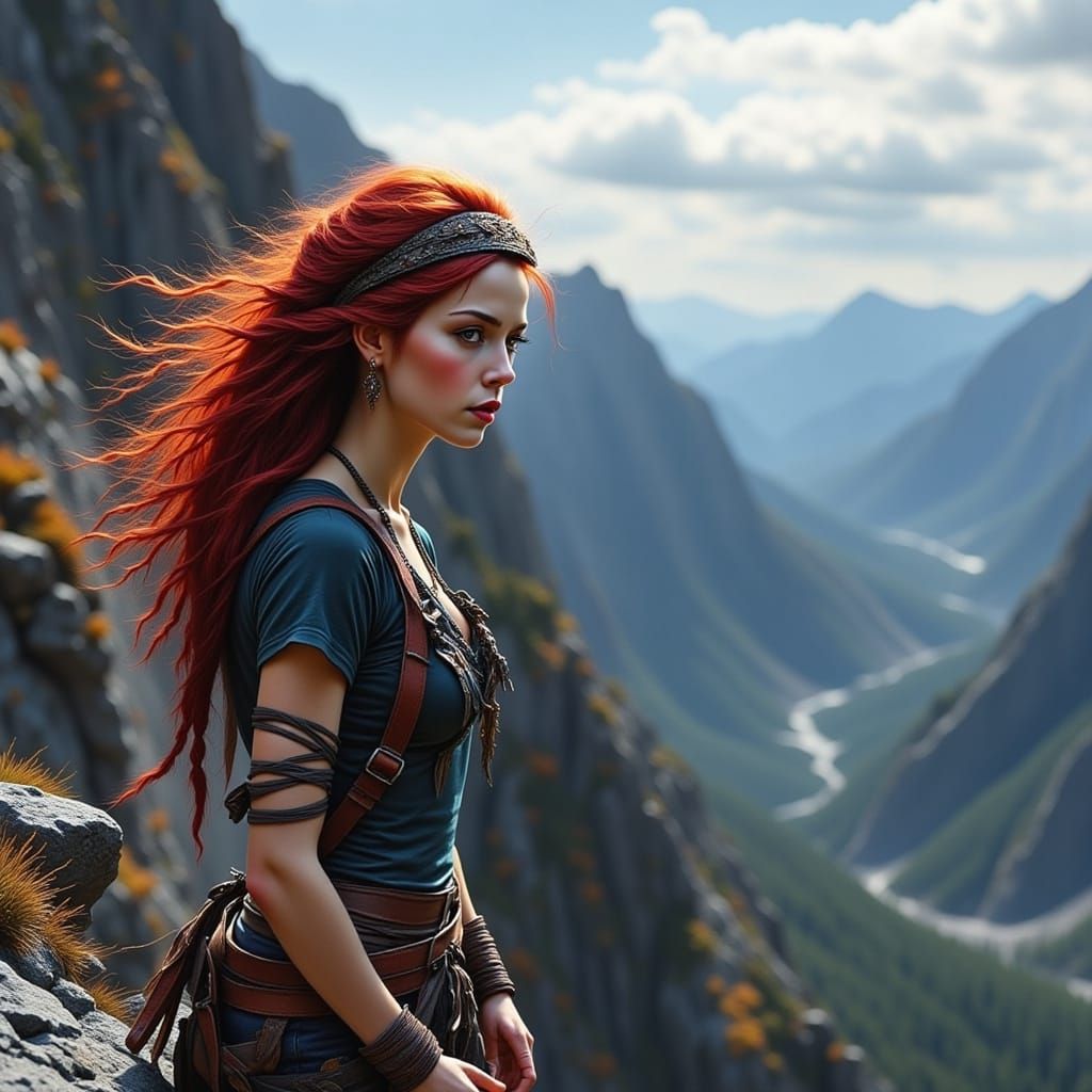 Red-Haired Climber Ascends Mountain