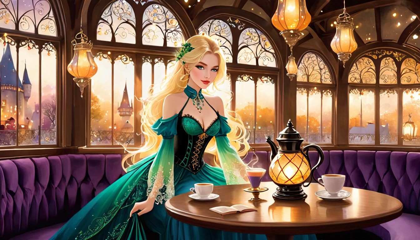 Whimsical Witch in Magic Cafe, Ink and Watercolor Style