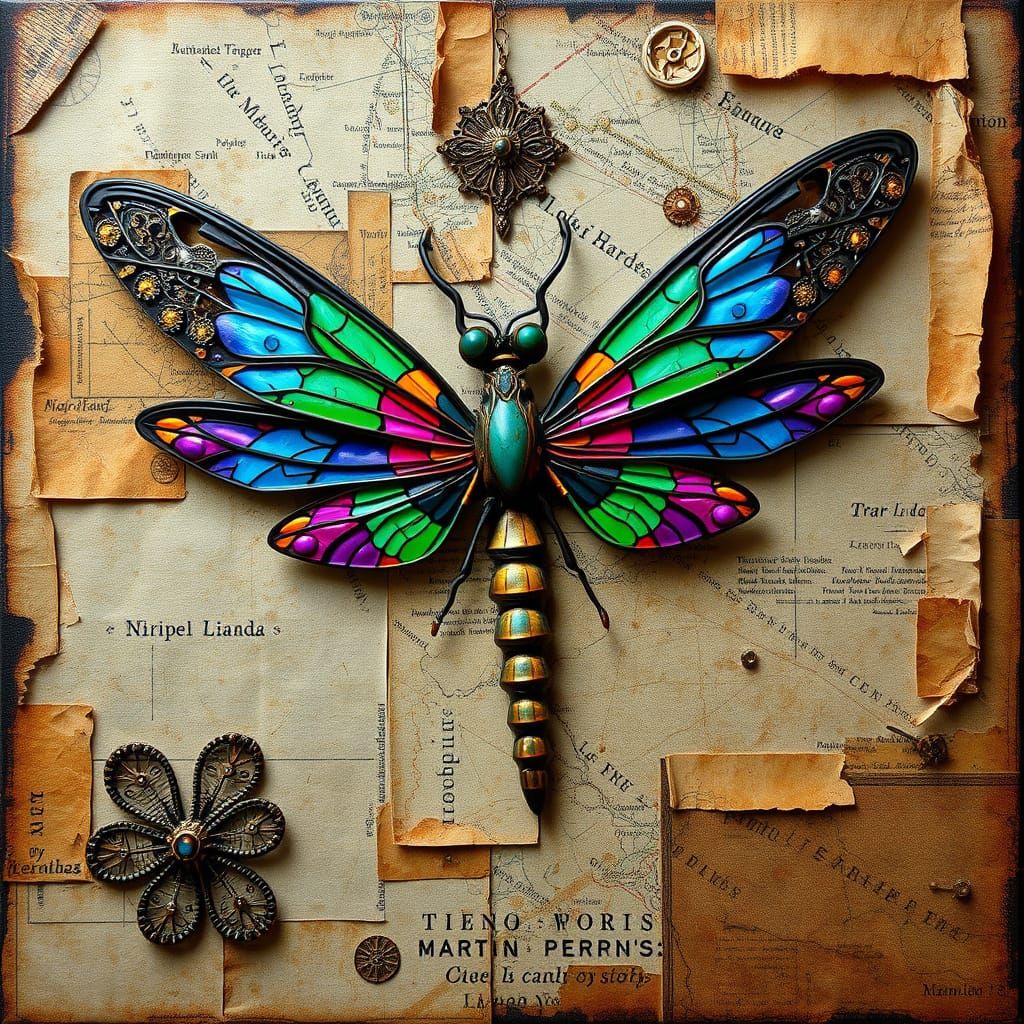 Hyperrealistic Steampunk Dragonfly Artwork with Vibrant Jewe...