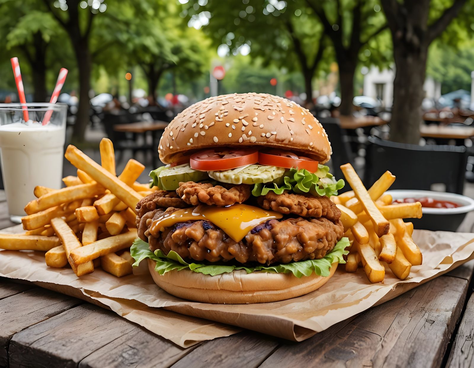 Fried Chicken and Fries Burger Outdoors