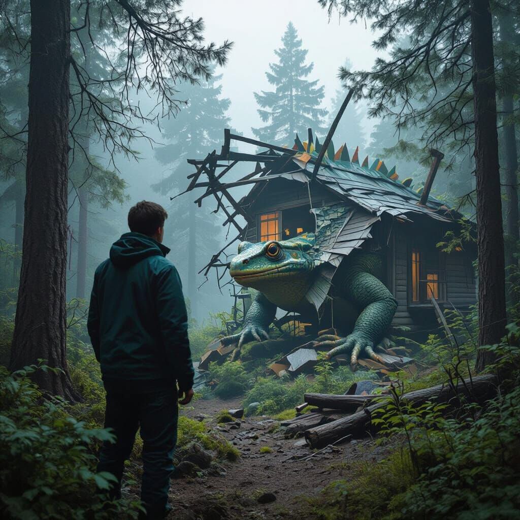 Monstrous Frog Emerges From Broken Cabin Roof