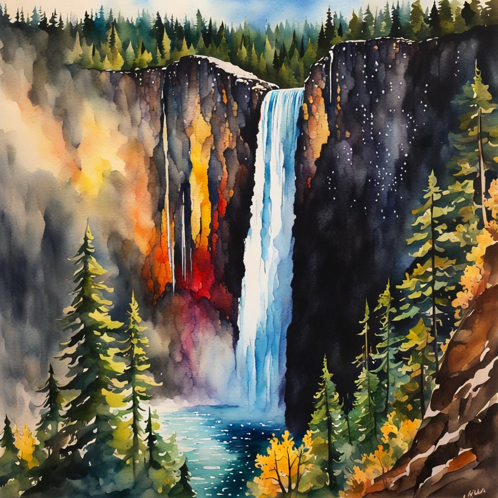 Helmcken Falls Watercolor Painting in Wet-on-Wet Style