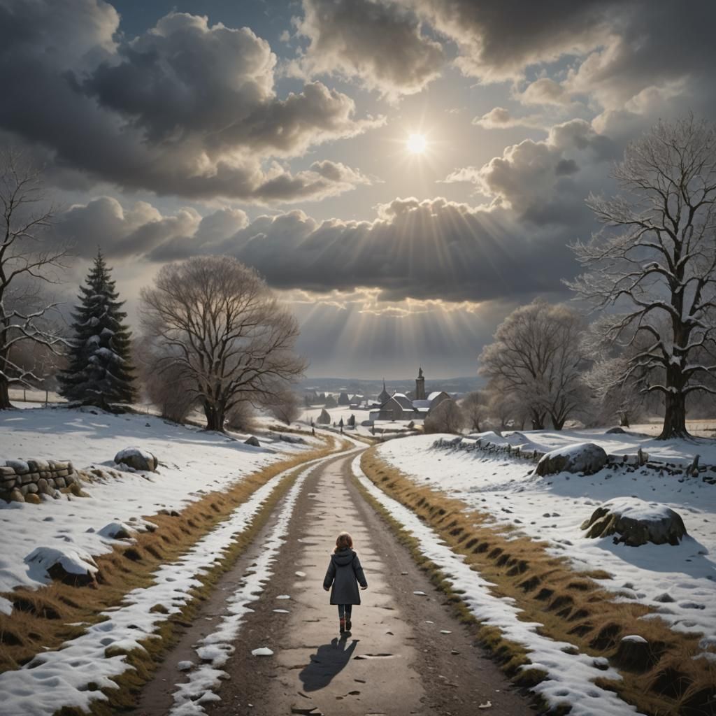 Girl Walks to Village in Winter Snow