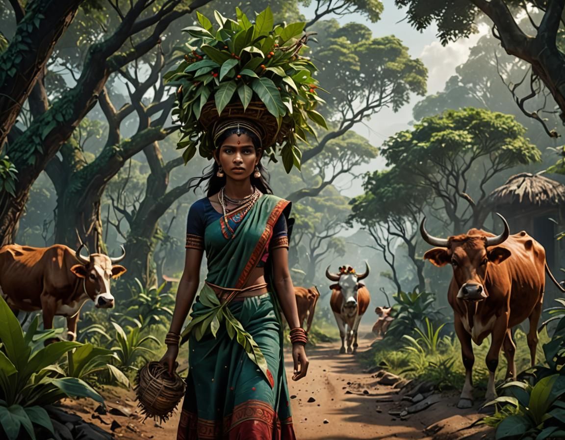Indian Village Girl with Cow: Detailed Matte Painting