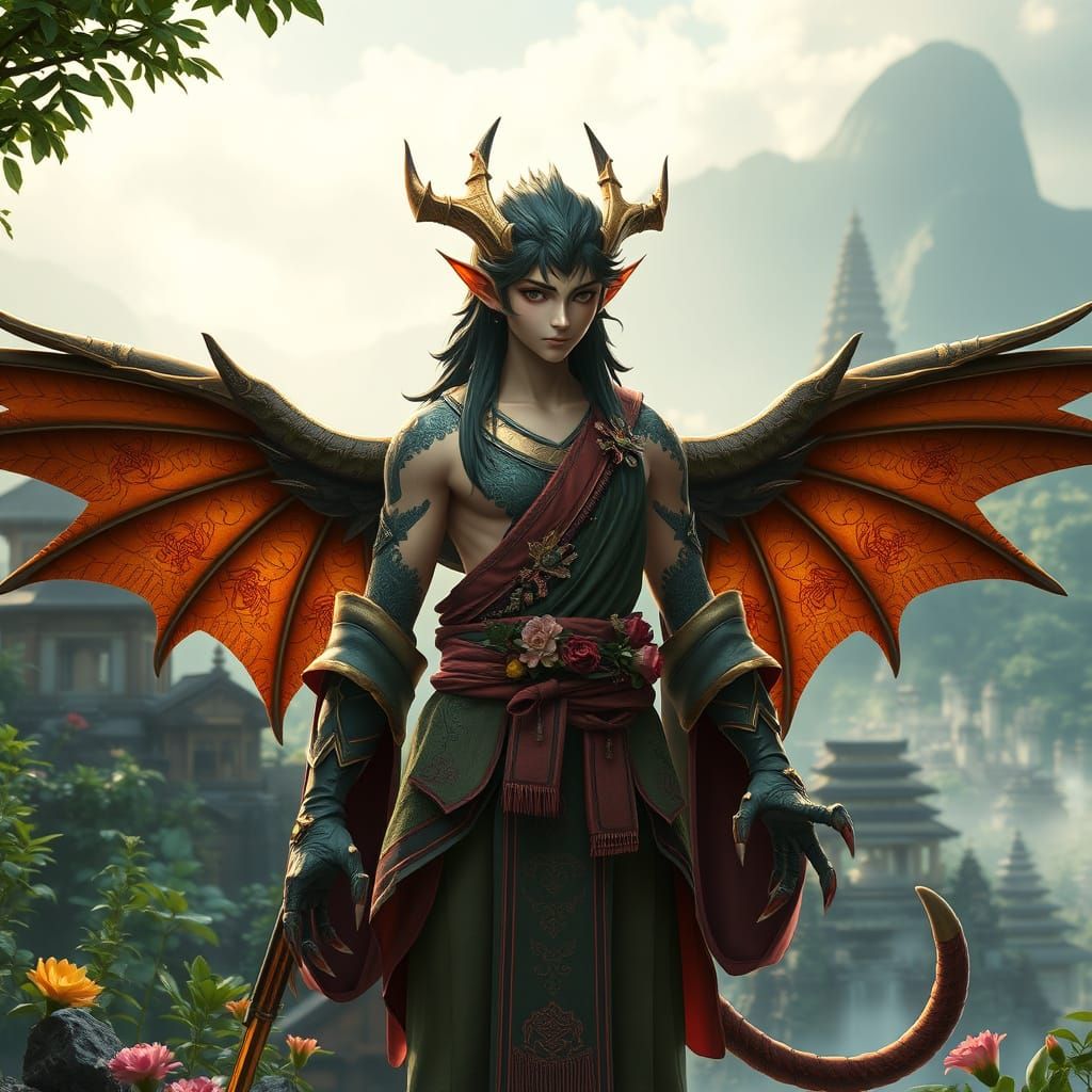 Cyberpunk-Inspired Dragon Warrior in Traditional Balinese At...