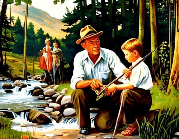 Father and Son Fishing, Detailed Matte Painting