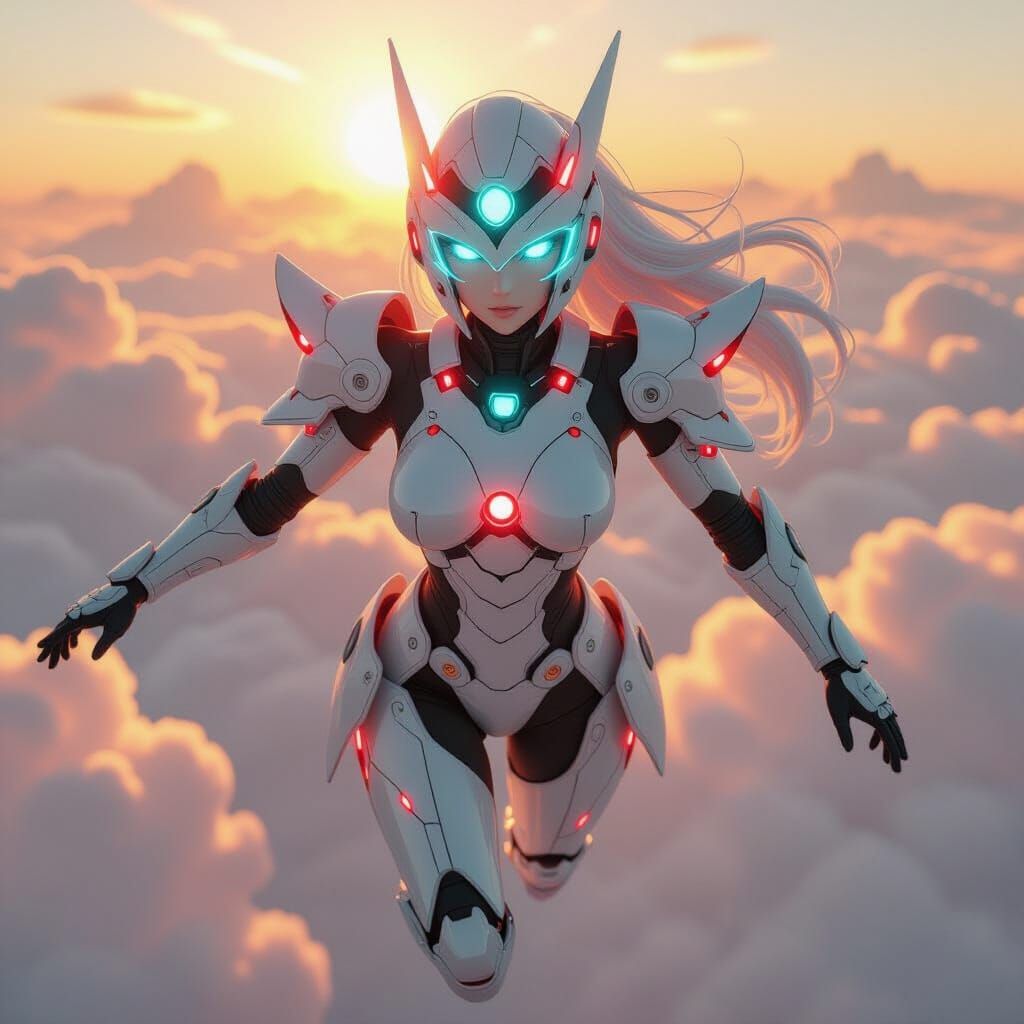 Anime Warrior in High-Tech Ceramic Armor Flying Through Clou...