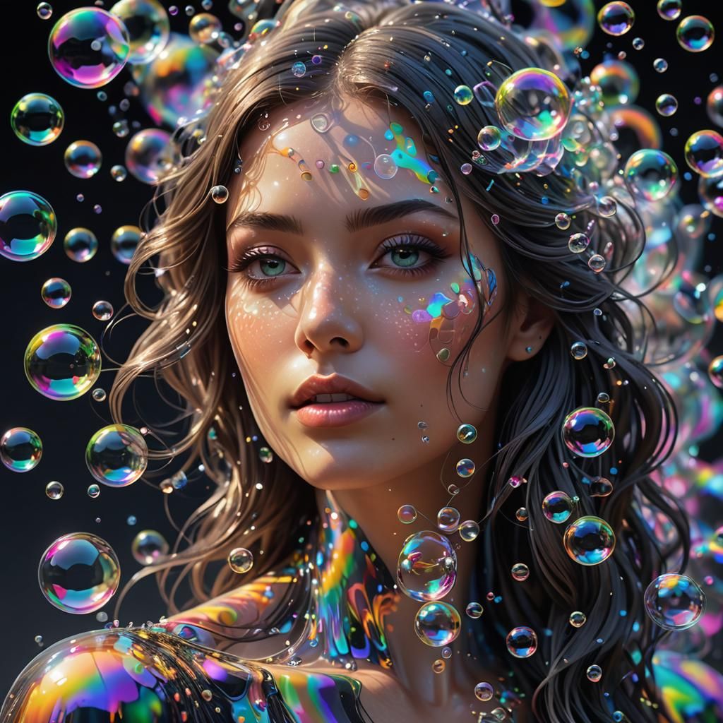 Beautiful Holographic Girl Made of Smoke and Bubbles
