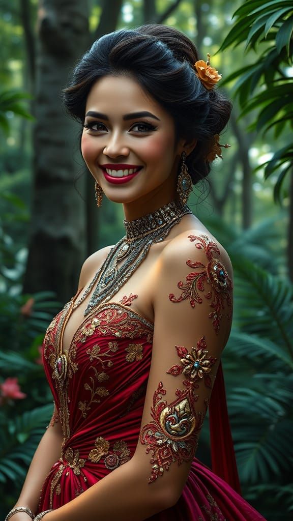 Elegant Woman in Lush Forest, in Cyberpunk Fantasy Style