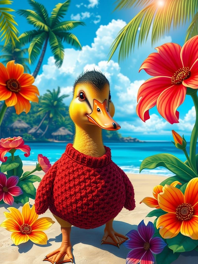 Duck in Red Sweater on Tropical Beach