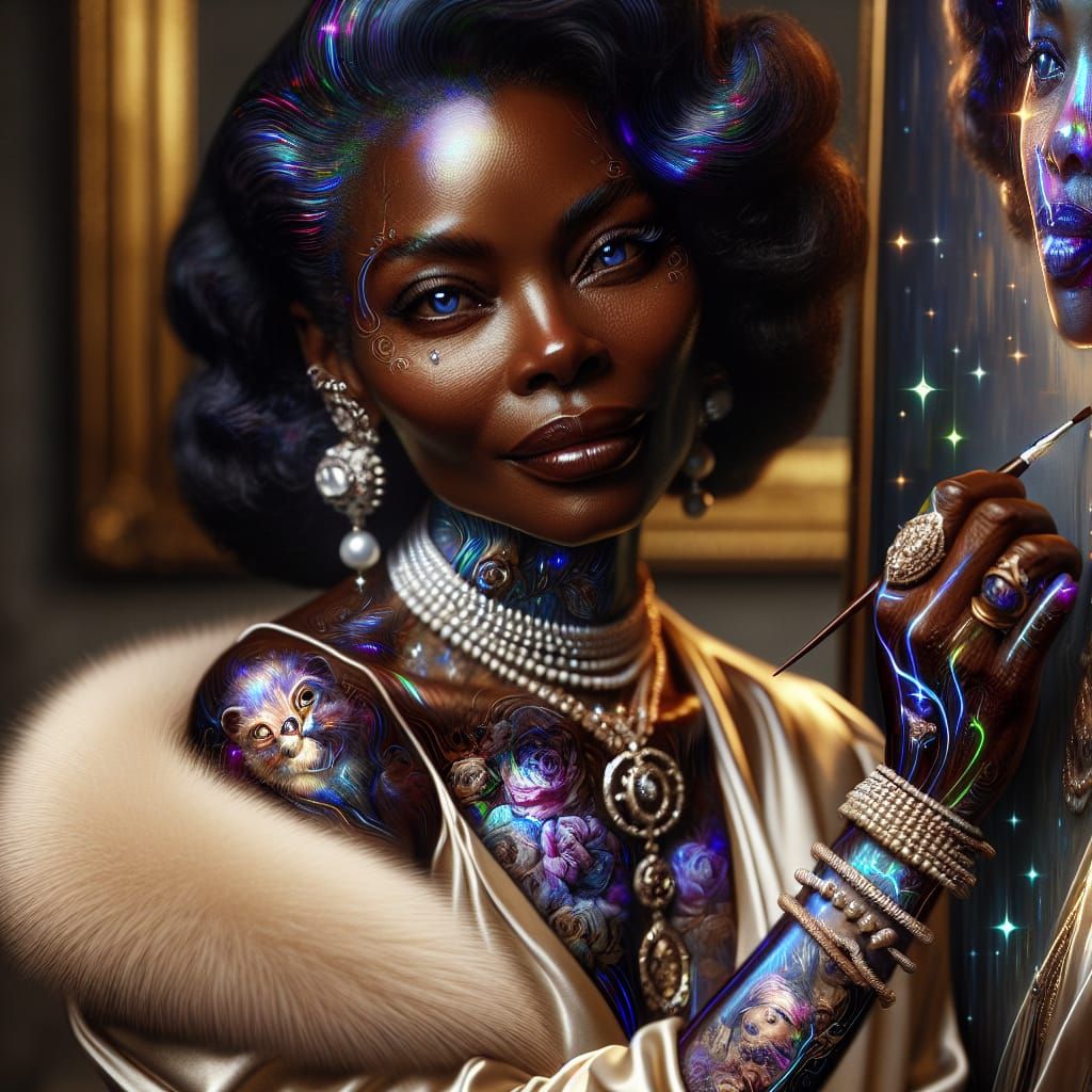 Elegant Woman Painting Portrait in Holographic Style