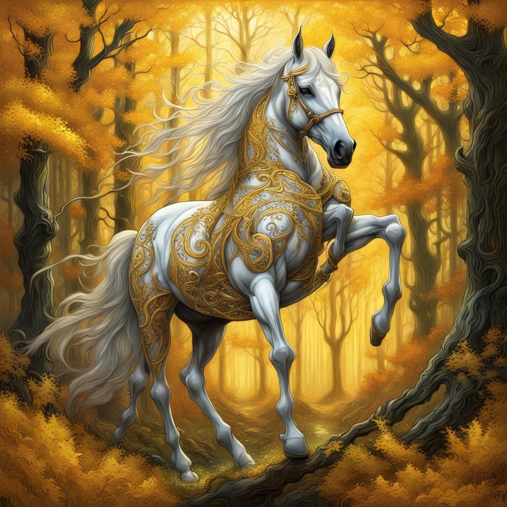 Golden Runic Horse in Gothic Stained Glass Forest