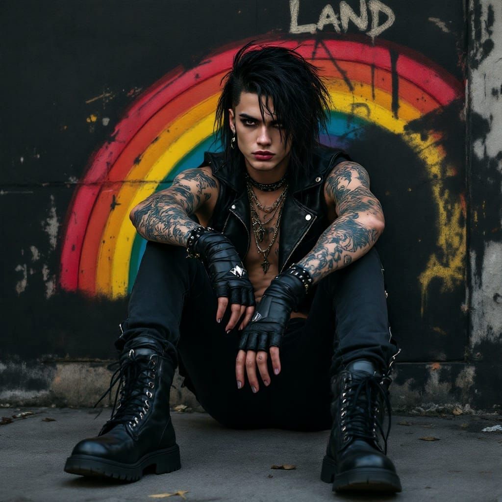 Goth Punk Rebel Leans Against Graffiti Wall