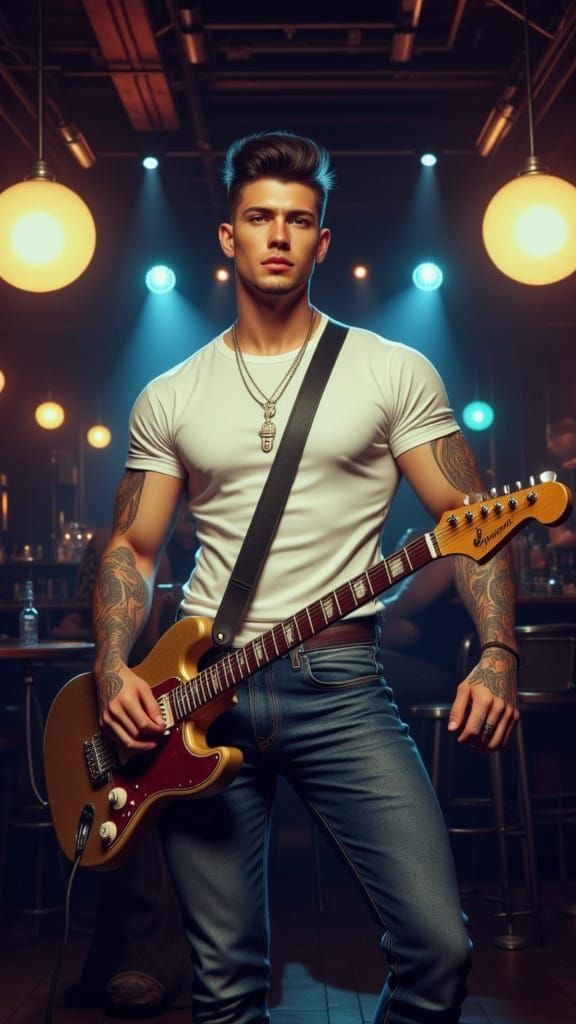 Greaser Bad Boy Sings with Electric Guitar