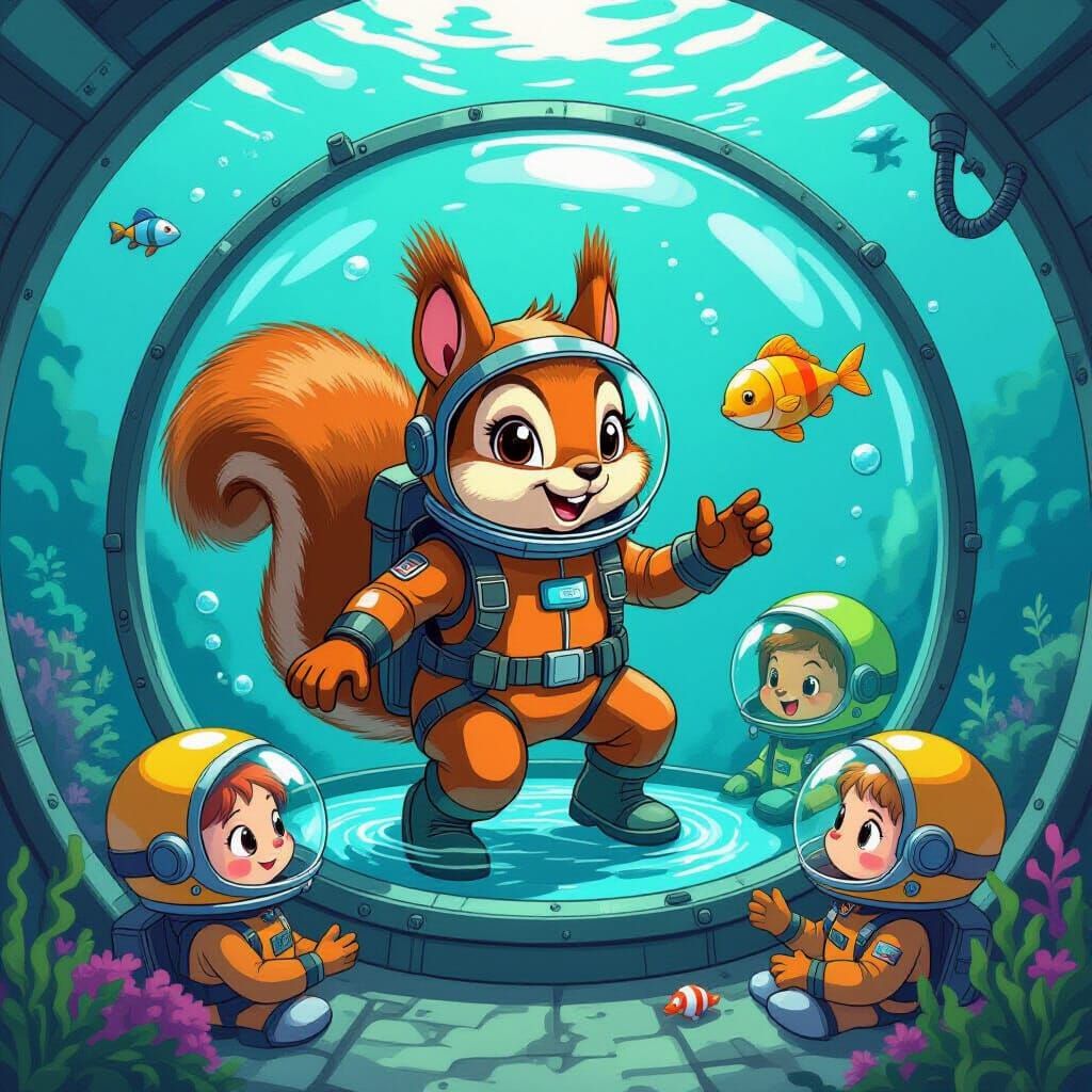 Sandy Cheeks in Glass Dome in Animated Style