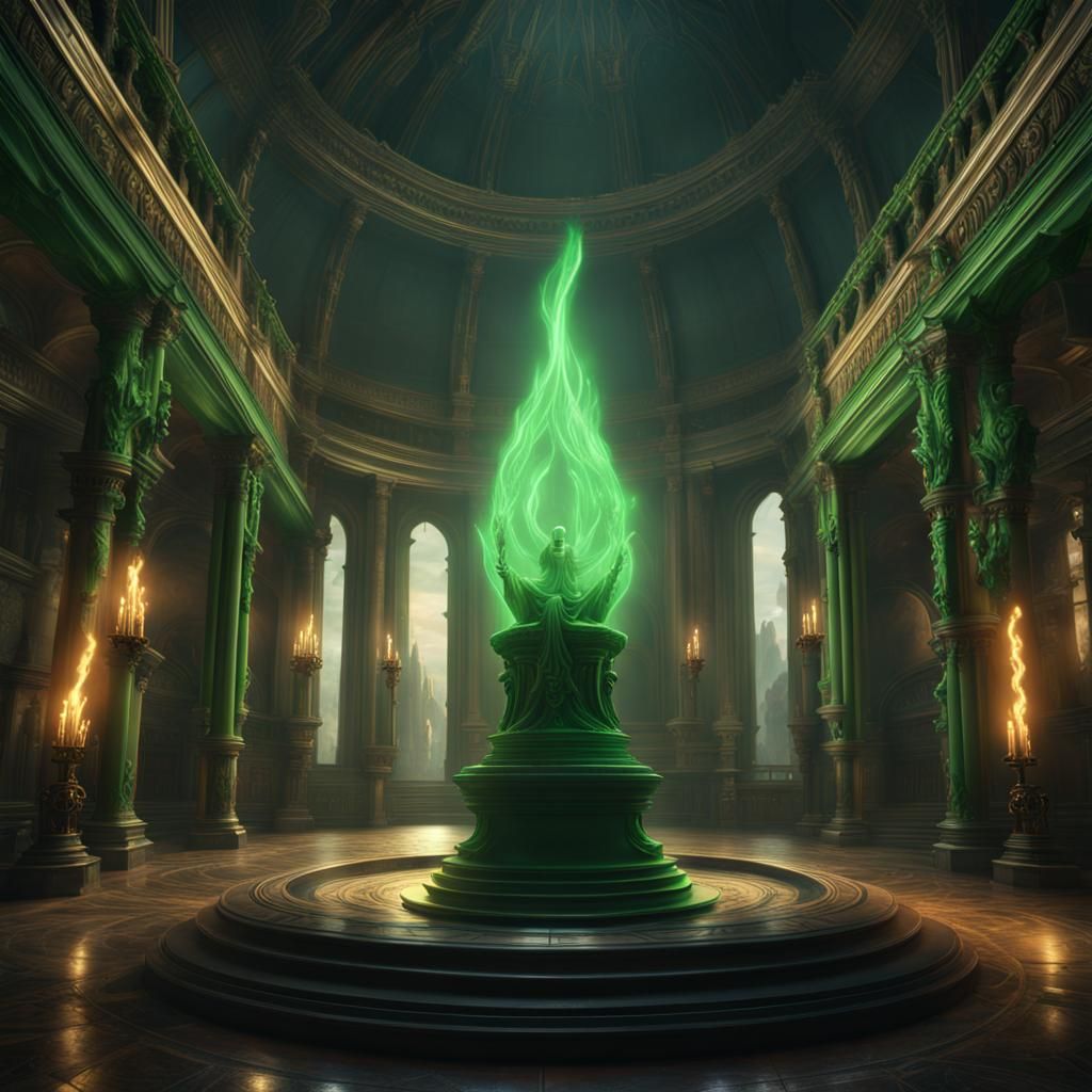 Sacred Green Flame in a Mysterious Room
