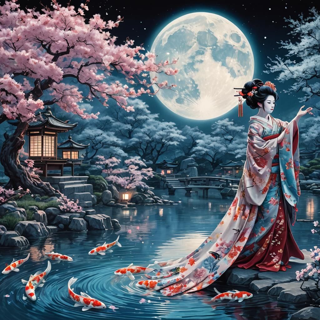 Geisha Dancing Under Moonlit Cherry Trees, Digital Art