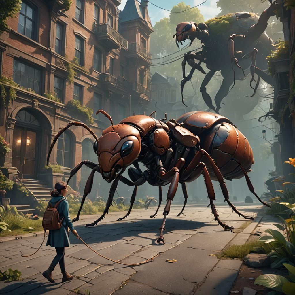 Woman Walks Giant Ant with Teddy Bear: Fantasy Art